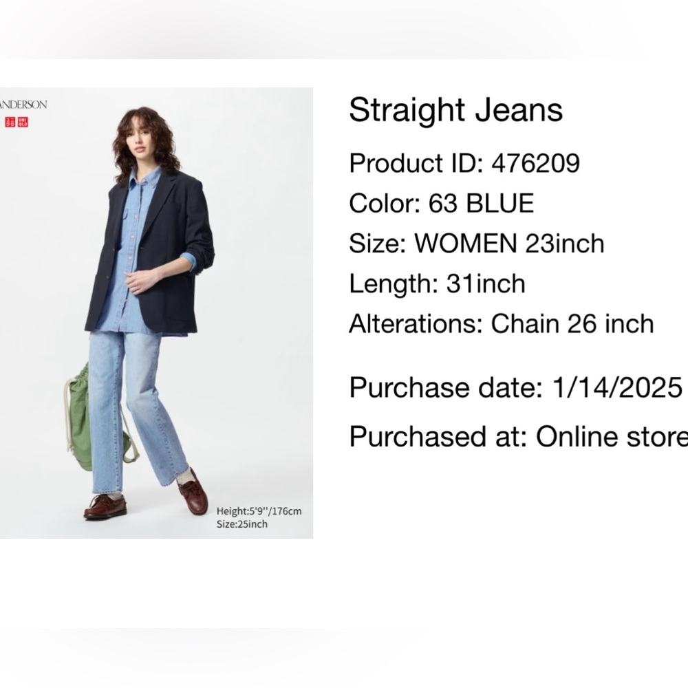 Uniqlo JW Anderson Straight Jeans 23 x 26 in